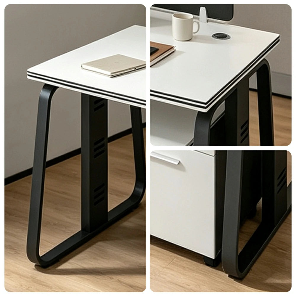 LIVARA 120cm Single Person Office Desk with Privacy Divider, Carbon Steel Frame, Cable Management & Lockable Mobile Cabinet - White & Black