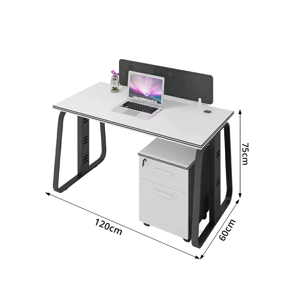 LIVARA 120cm Single Person Office Desk with Privacy Divider, Carbon Steel Frame, Cable Management & Lockable Mobile Cabinet - White & Black