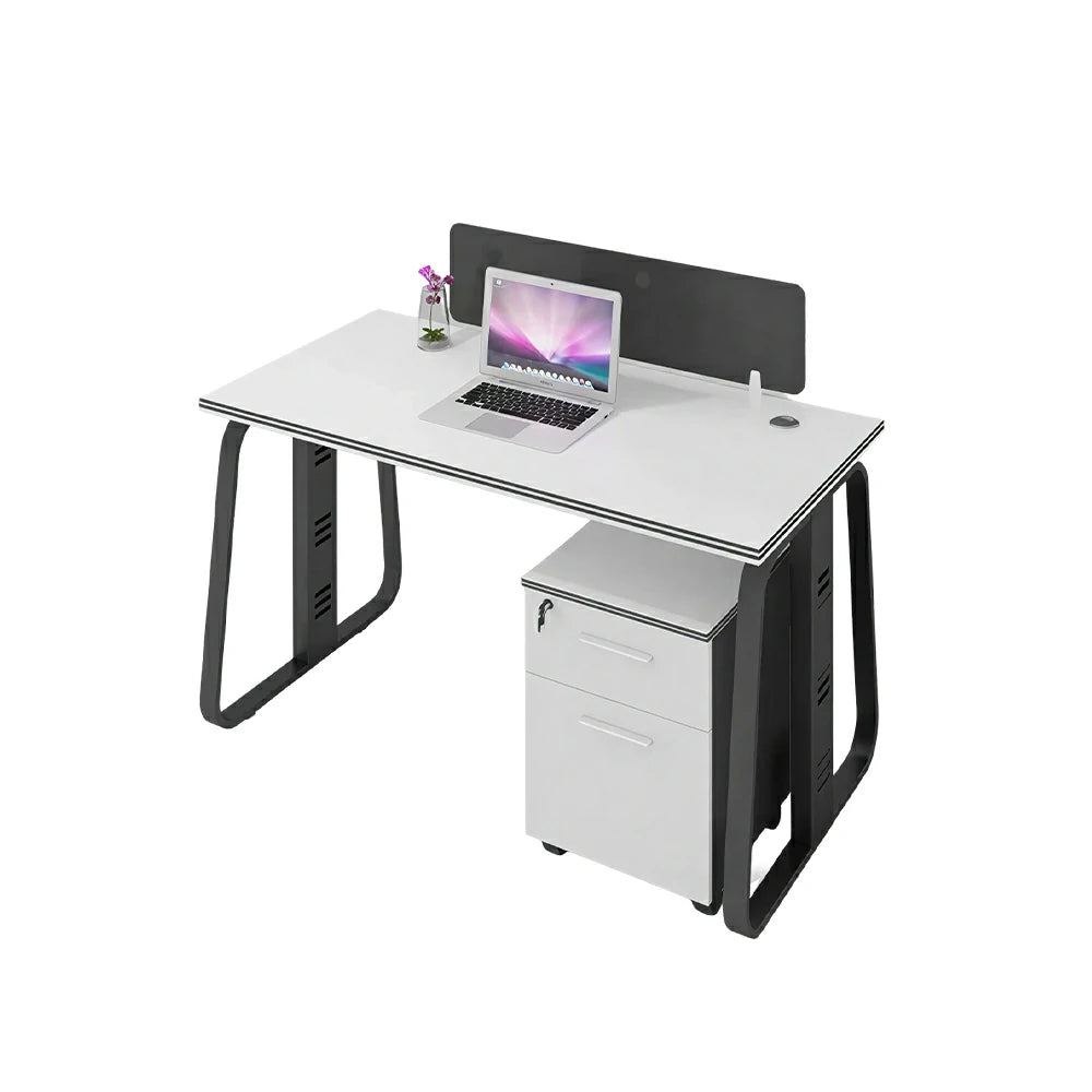 LIVARA 120cm Single Person Office Desk with Privacy Divider, Carbon Steel Frame, Cable Management & Lockable Mobile Cabinet - White & Black