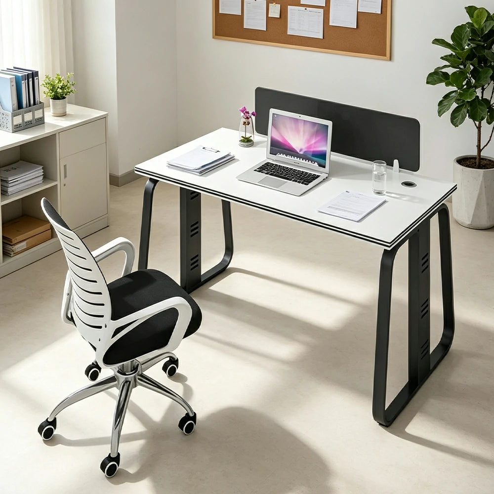 LIVARA 120cm Single Person Office Desk & Adjustable Chair Set with Privacy Divider, Carbon Steel Frame & Cable Management - White & Black
