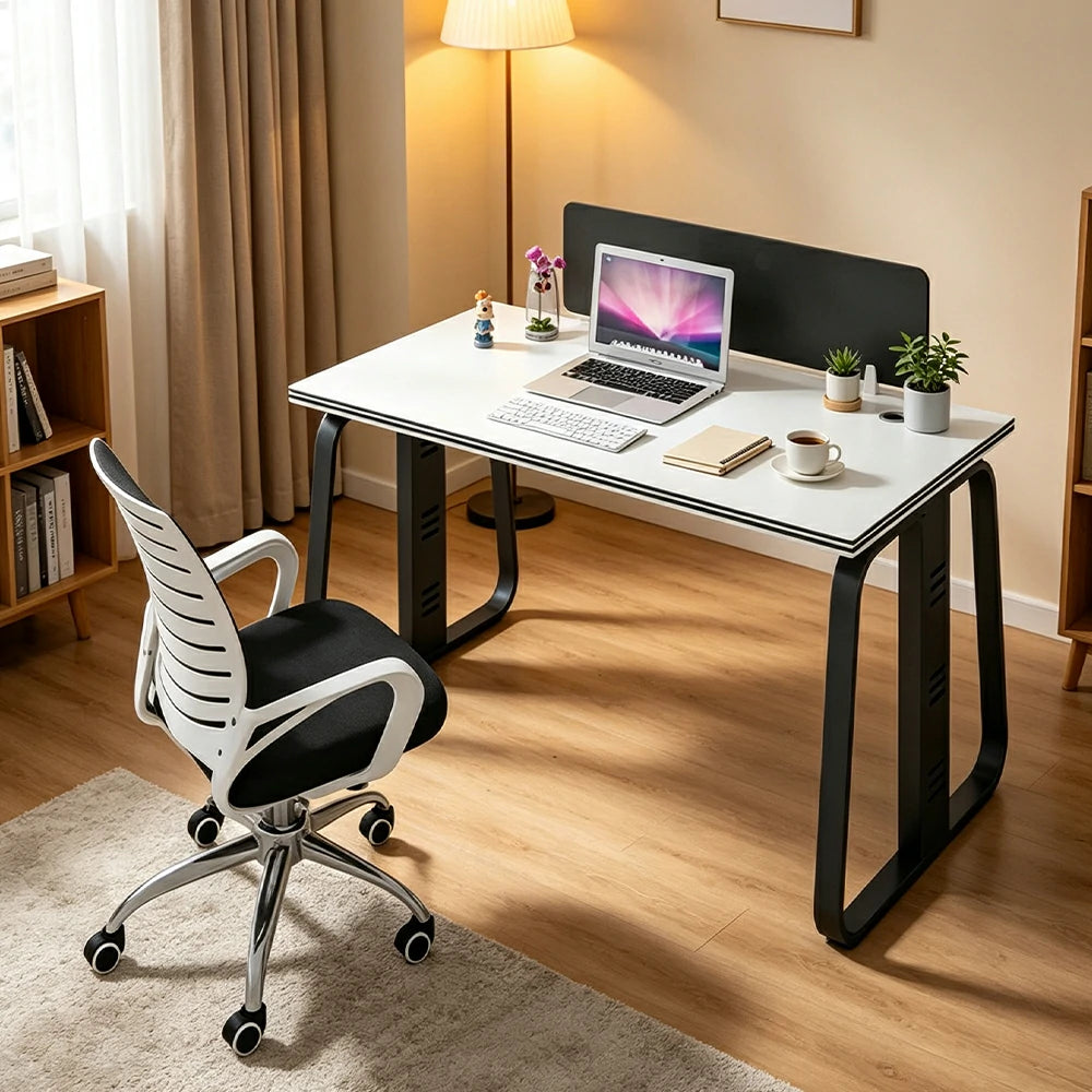 LIVARA 120cm Single Person Office Desk & Adjustable Chair Set with Privacy Divider, Carbon Steel Frame & Cable Management - White & Black