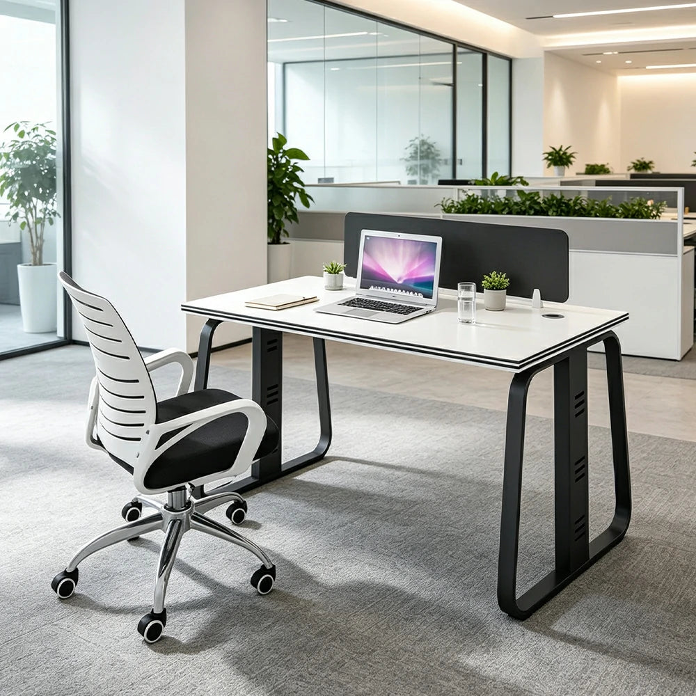 LIVARA 120cm Single Person Office Desk & Adjustable Chair Set with Privacy Divider, Carbon Steel Frame & Cable Management - White & Black