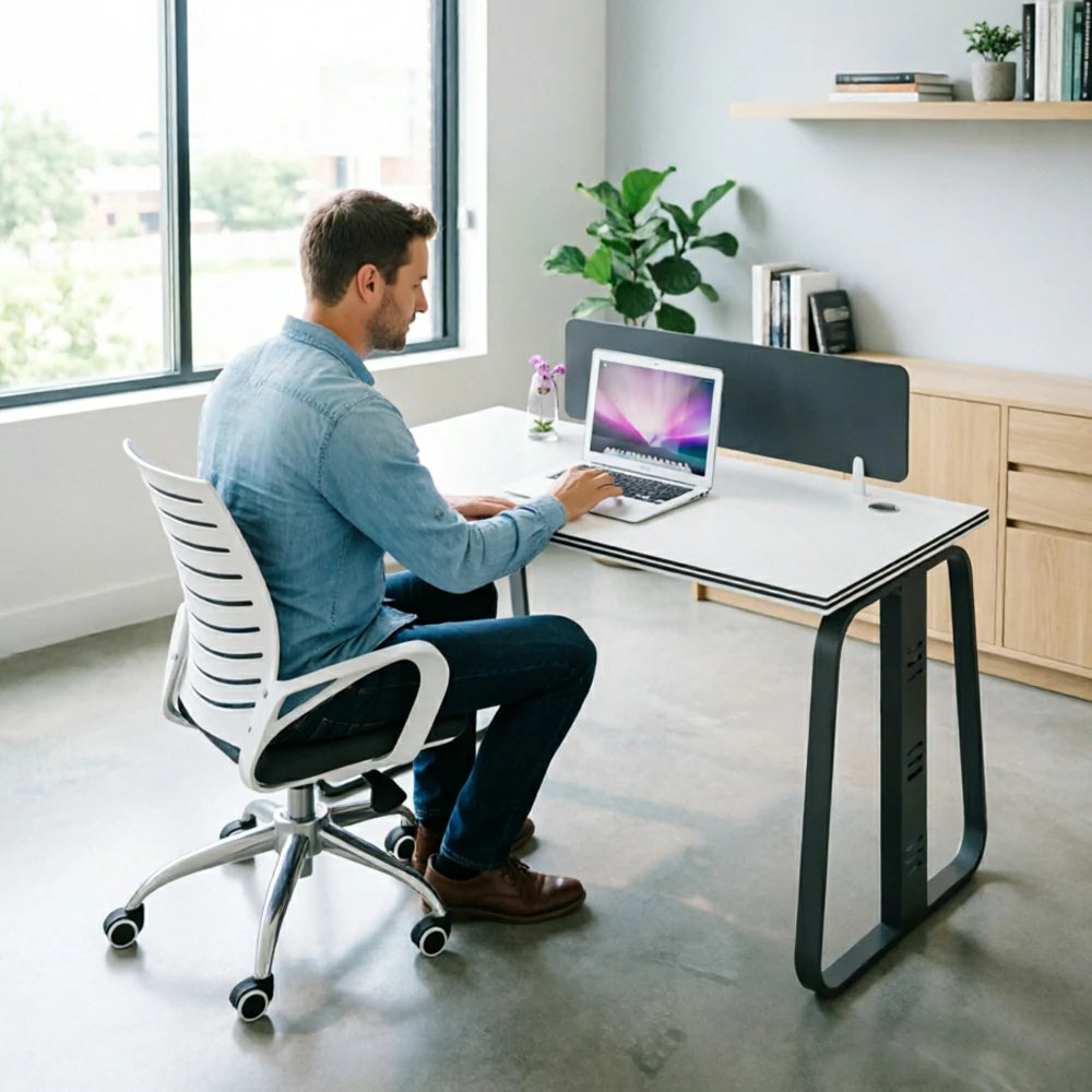 LIVARA 120cm Single Person Office Desk & Adjustable Chair Set with Privacy Divider, Carbon Steel Frame & Cable Management - White & Black
