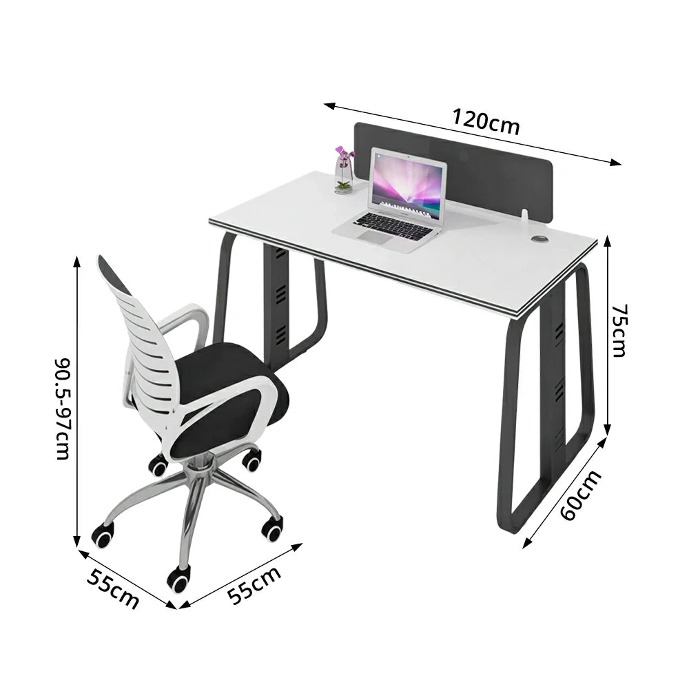 LIVARA 120cm Single Person Office Desk & Adjustable Chair Set with Privacy Divider, Carbon Steel Frame & Cable Management - White & Black