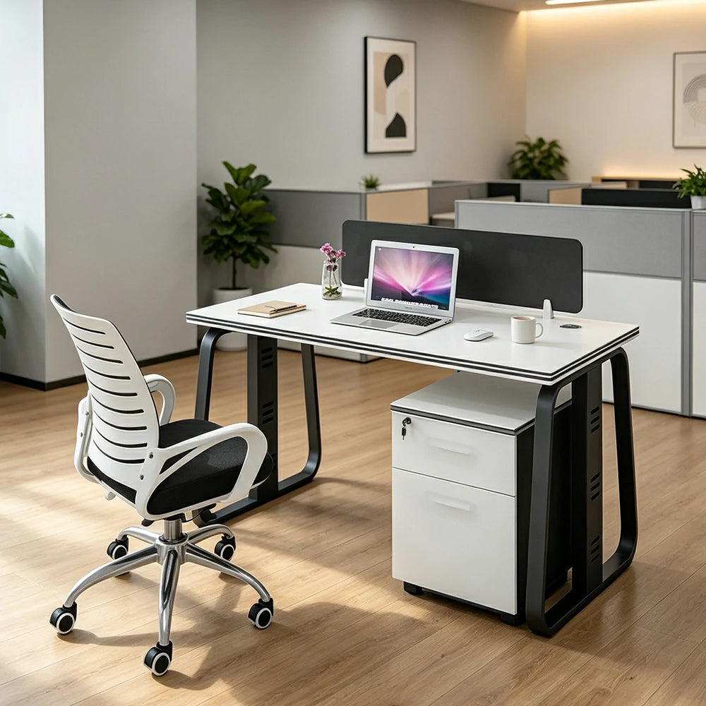 LIVARA 120cm Single Person Office Desk Set with Privacy Divider, Adjustable Chair, Cable Management & Lockable Mobile Cabinet - White & Black