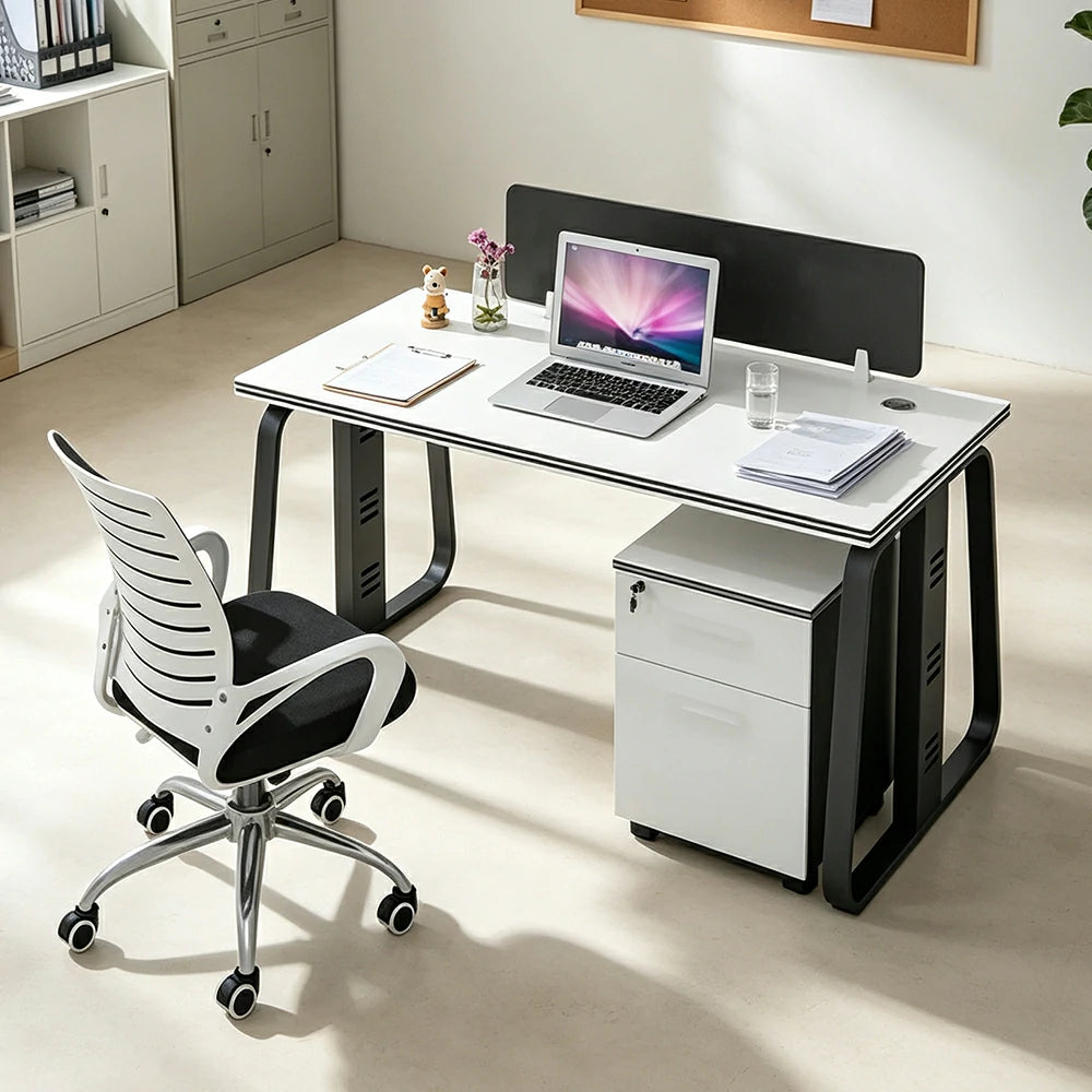 LIVARA 120cm Single Person Office Desk Set with Privacy Divider, Adjustable Chair, Cable Management & Lockable Mobile Cabinet - White & Black