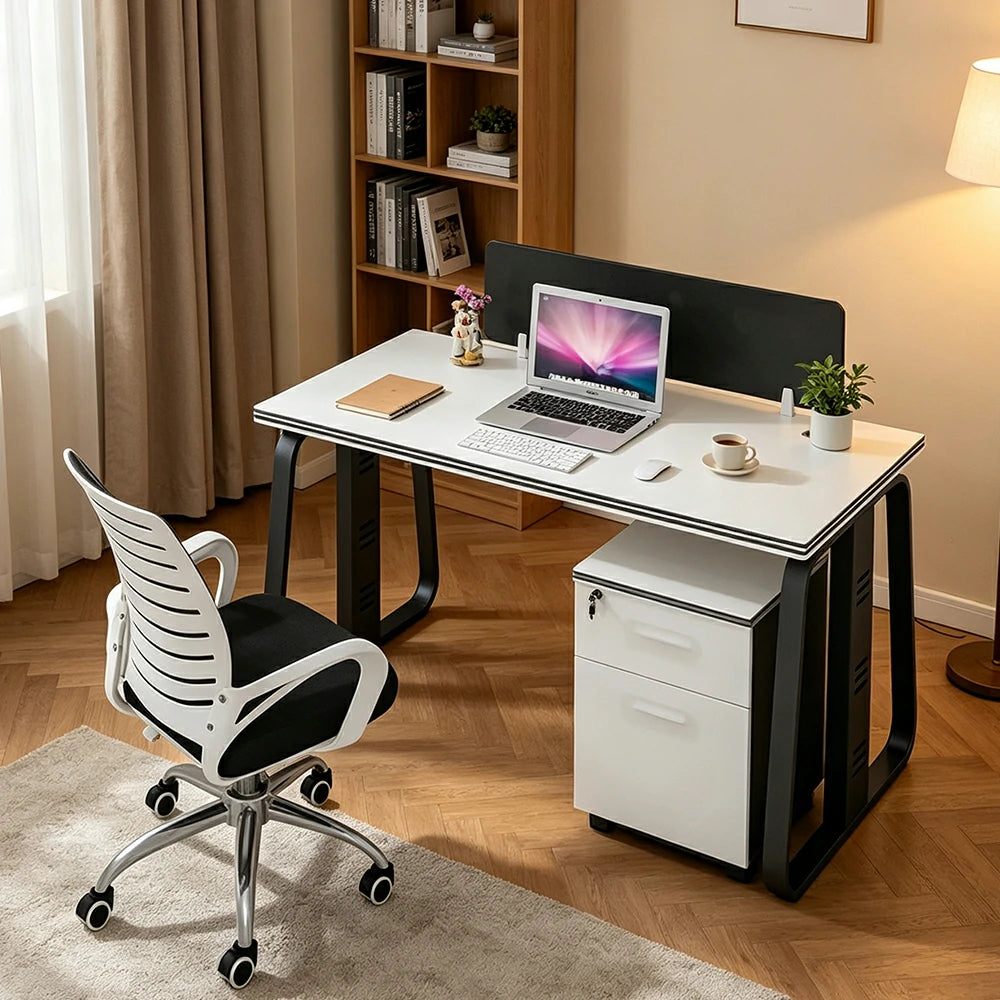 LIVARA 120cm Single Person Office Desk Set with Privacy Divider, Adjustable Chair, Cable Management & Lockable Mobile Cabinet - White & Black