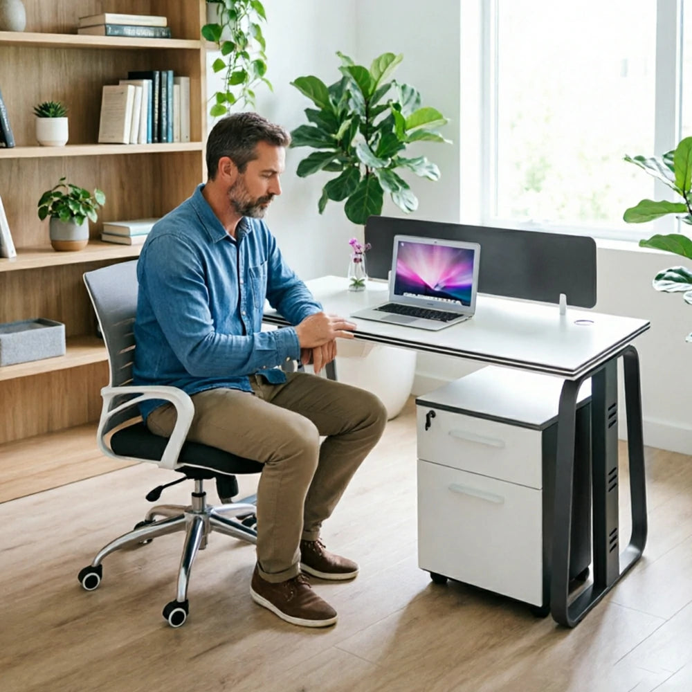LIVARA 120cm Single Person Office Desk Set with Privacy Divider, Adjustable Chair, Cable Management & Lockable Mobile Cabinet - White & Black