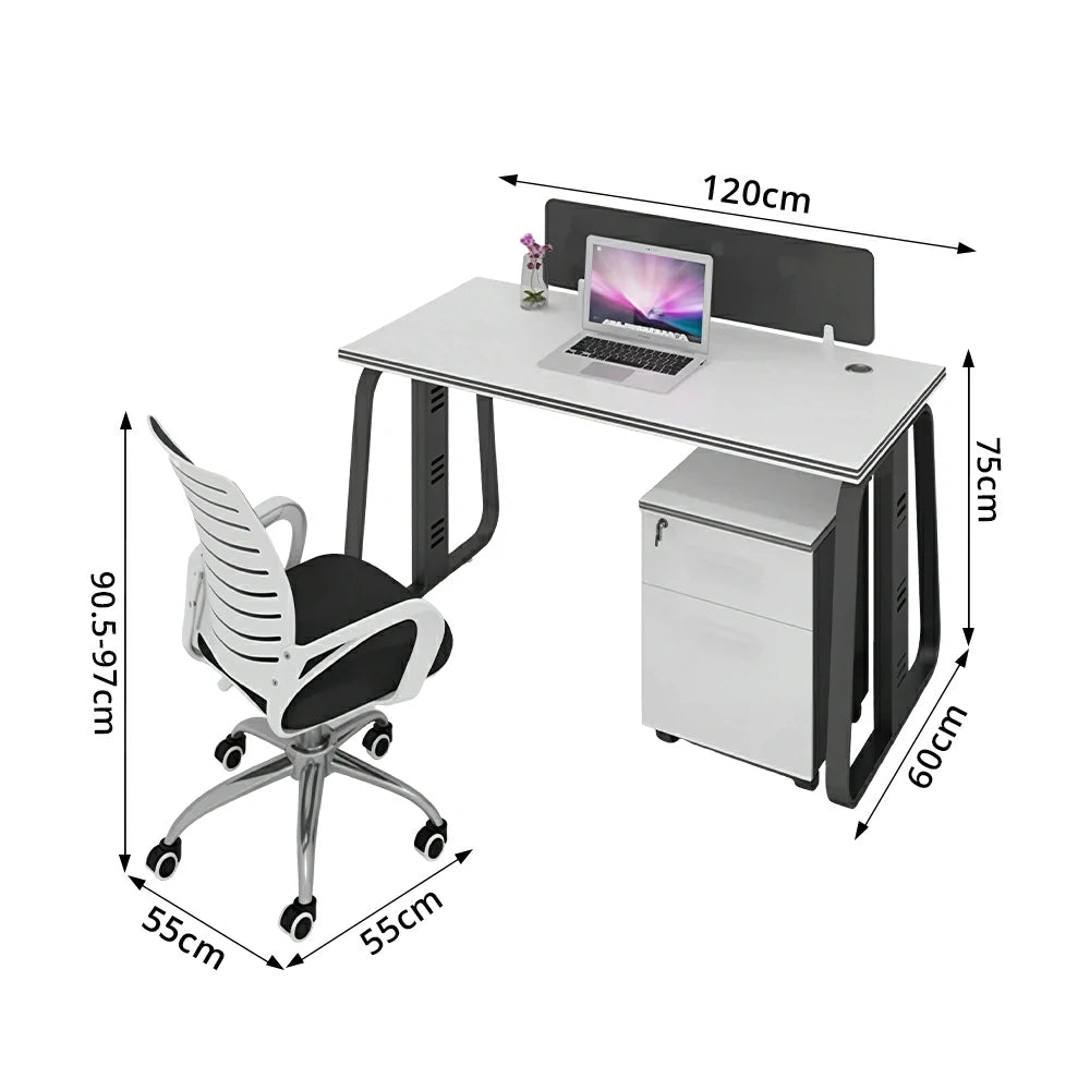 LIVARA 120cm Single Person Office Desk Set with Privacy Divider, Adjustable Chair, Cable Management & Lockable Mobile Cabinet - White & Black