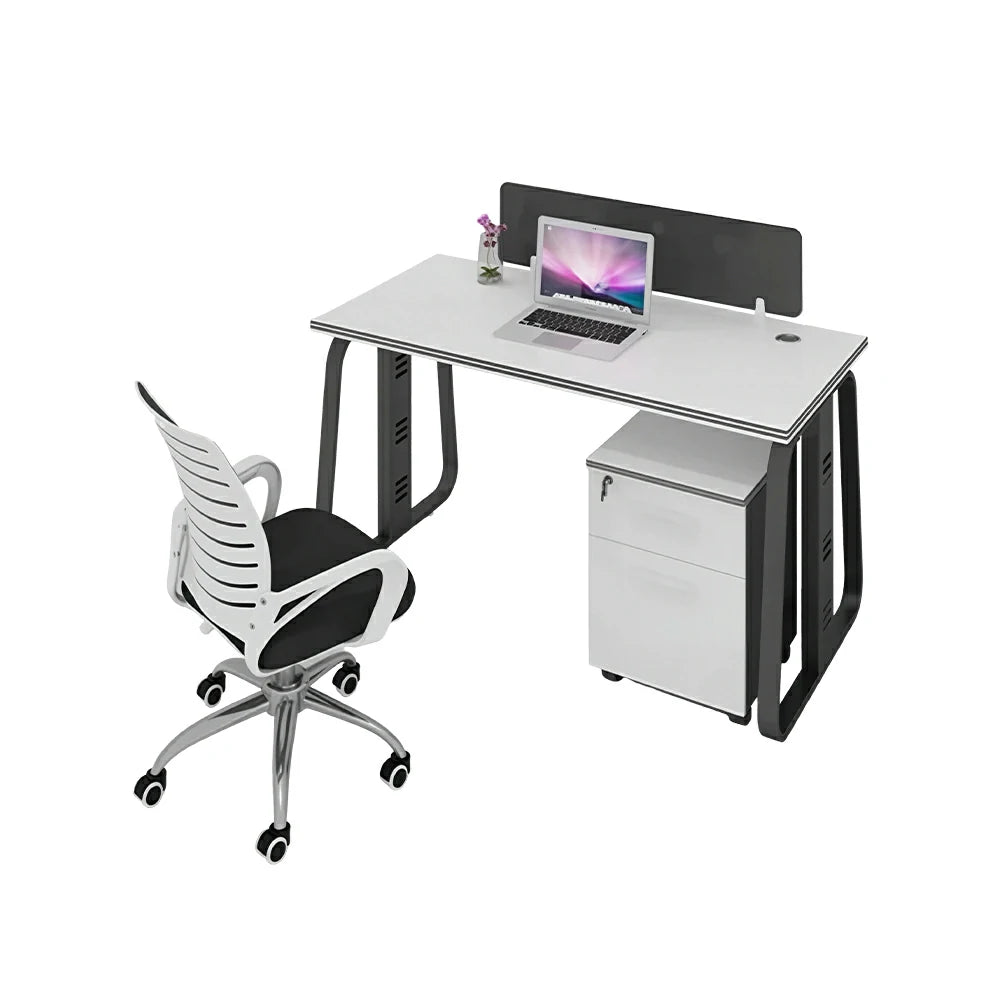 LIVARA 120cm Single Person Office Desk Set with Privacy Divider, Adjustable Chair, Cable Management & Lockable Mobile Cabinet - White & Black