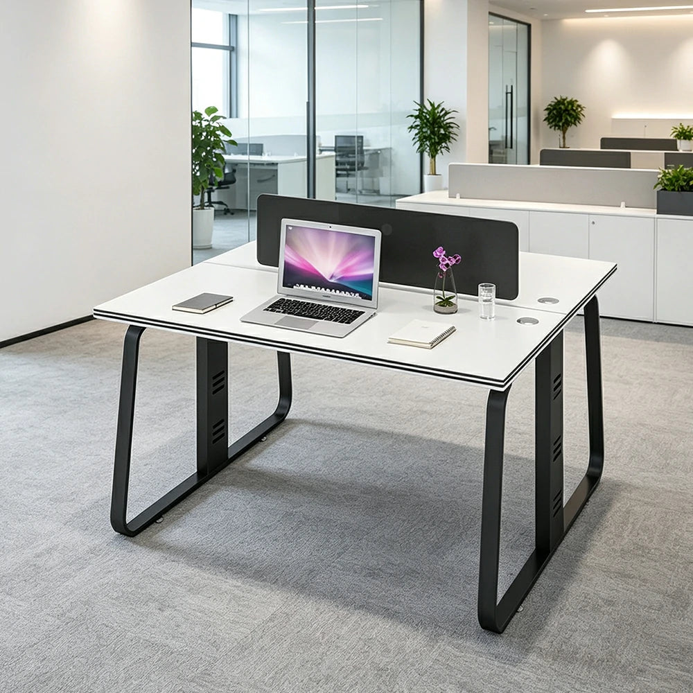 LIVARA 120cm 2 Person Office Workstation with Privacy Divider, Carbon Steel Frame & Cable Management, Cabinet & Chairs Excluded - White & Black