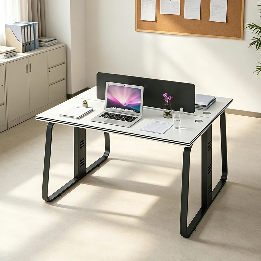 LIVARA 120cm 2 Person Office Workstation with Privacy Divider, Carbon Steel Frame & Cable Management, Cabinet & Chairs Excluded - White & Black