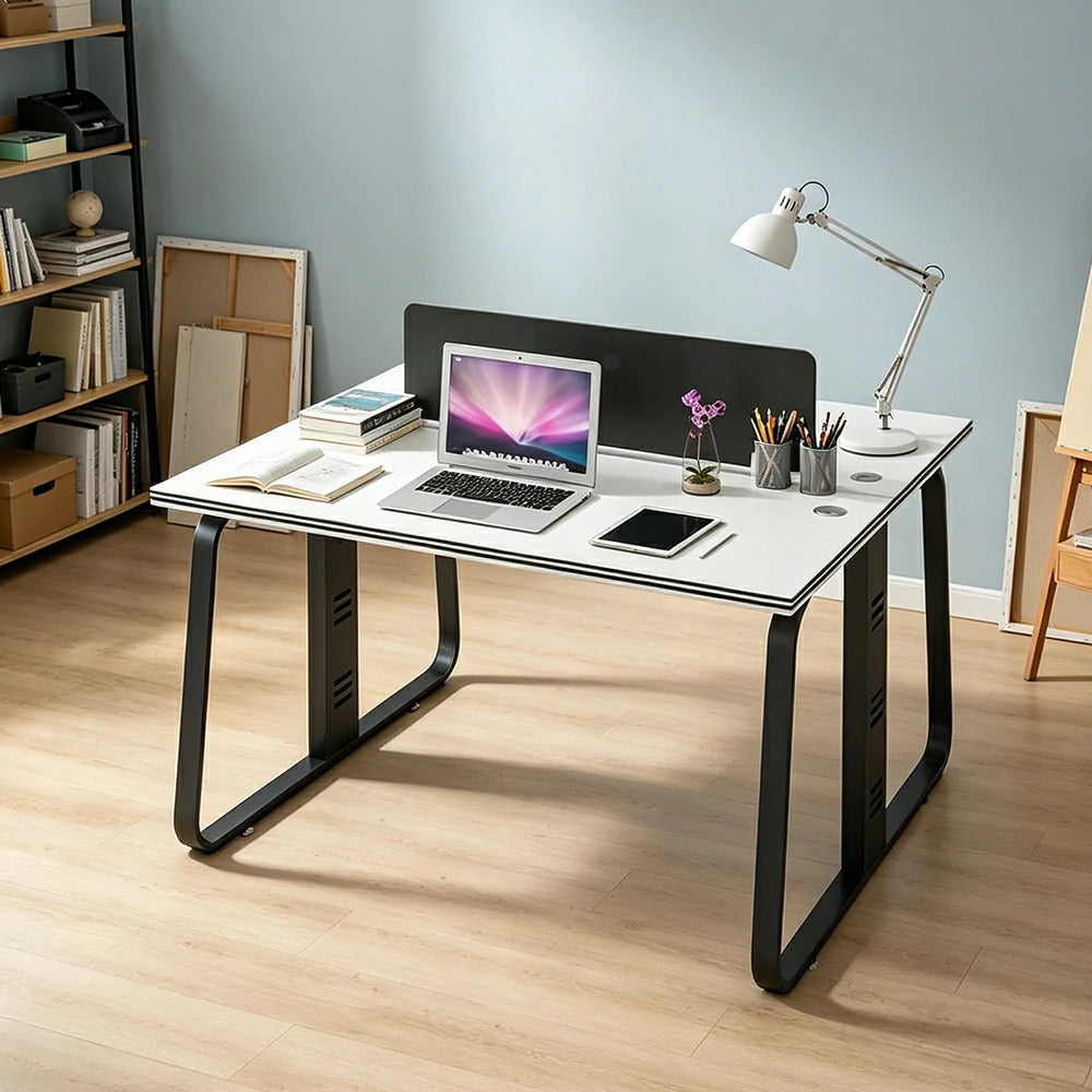 LIVARA 120cm 2 Person Office Workstation with Privacy Divider, Carbon Steel Frame & Cable Management, Cabinet & Chairs Excluded - White & Black