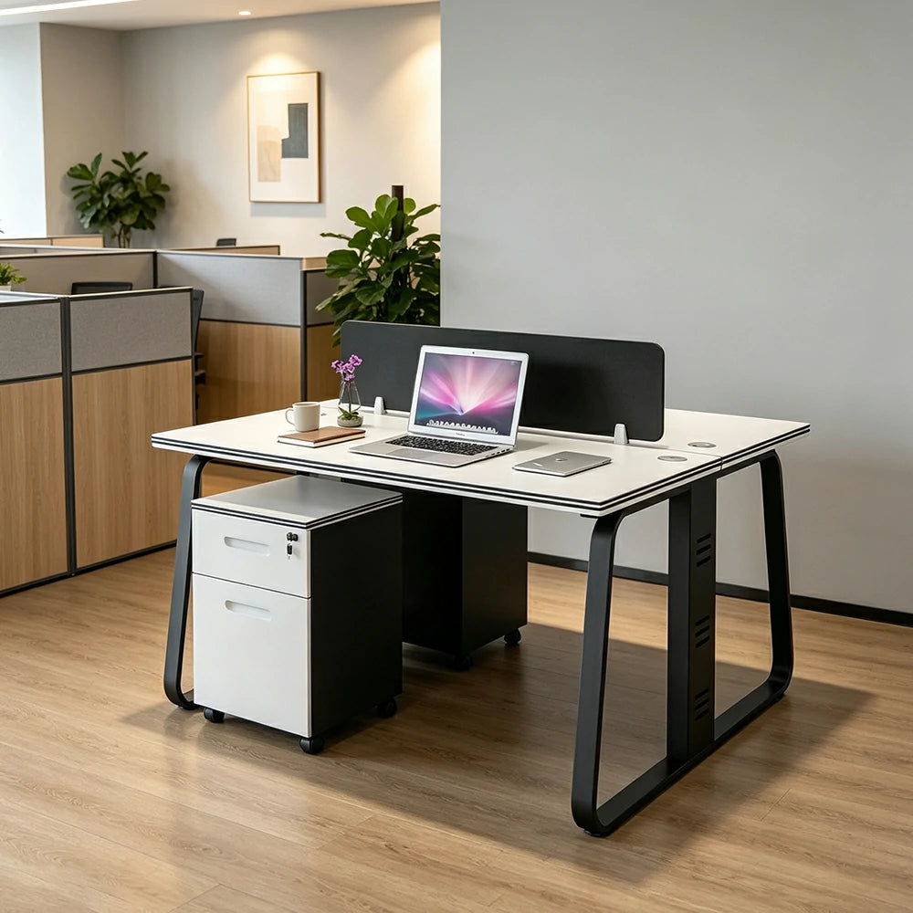 LIVARA 120cm 2 Person Office Workstation with Privacy Divider, Carbon Steel Frame, Cable Management & 2 Lockable Mobile Cabinets - White & Black