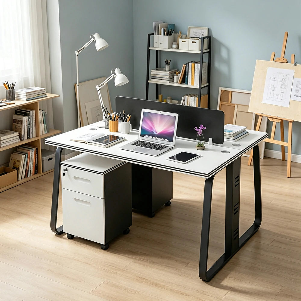 LIVARA 120cm 2 Person Office Workstation with Privacy Divider, Carbon Steel Frame, Cable Management & 2 Lockable Mobile Cabinets - White & Black