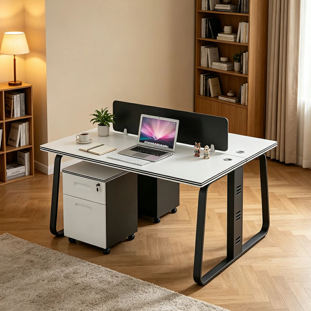 LIVARA 120cm 2 Person Office Workstation with Privacy Divider, Carbon Steel Frame, Cable Management & 2 Lockable Mobile Cabinets - White & Black