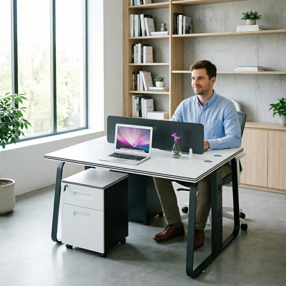 LIVARA 120cm 2 Person Office Workstation with Privacy Divider, Carbon Steel Frame, Cable Management & 2 Lockable Mobile Cabinets - White & Black