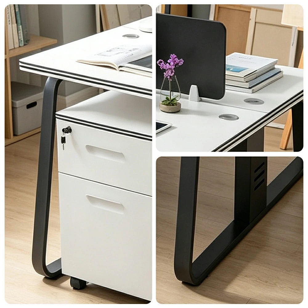 LIVARA 120cm 2 Person Office Workstation with Privacy Divider, Carbon Steel Frame, Cable Management & 2 Lockable Mobile Cabinets - White & Black