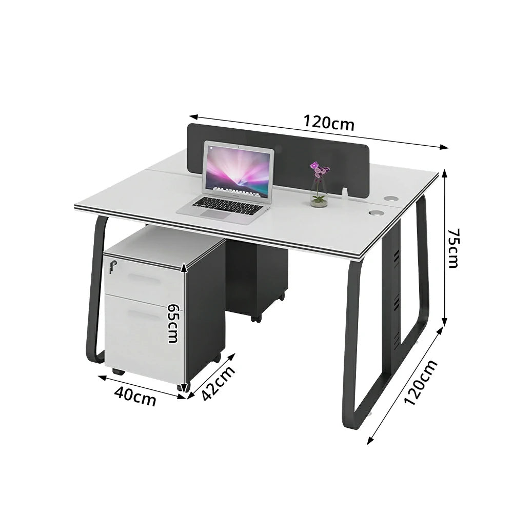 LIVARA 120cm 2 Person Office Workstation with Privacy Divider, Carbon Steel Frame, Cable Management & 2 Lockable Mobile Cabinets - White & Black