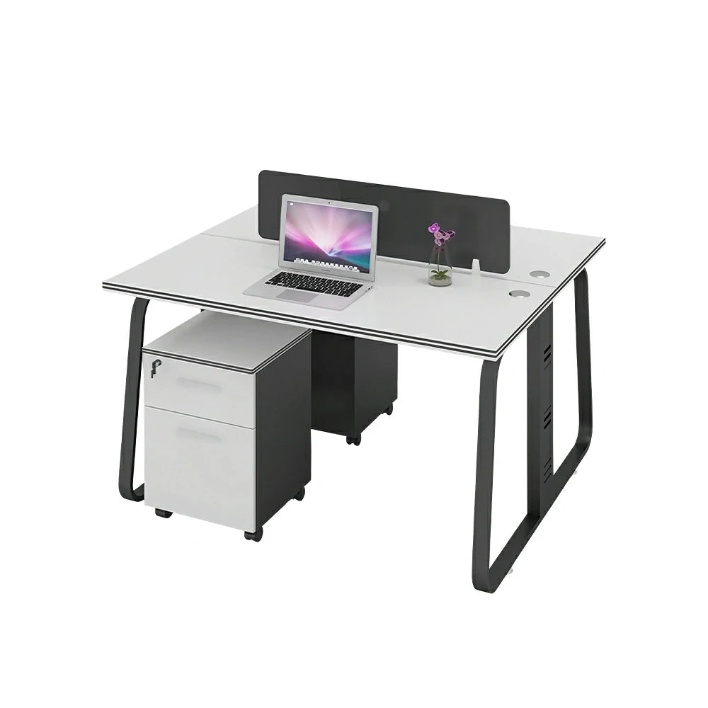 LIVARA 120cm 2 Person Office Workstation with Privacy Divider, Carbon Steel Frame, Cable Management & 2 Lockable Mobile Cabinets - White & Black