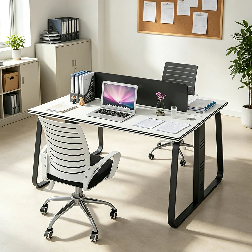 LIVARA 120cm 2 Person Office Workstation with Privacy Divider, Carbon Steel Frame, Cable Management & 2 Adjustable Chairs - White & Black