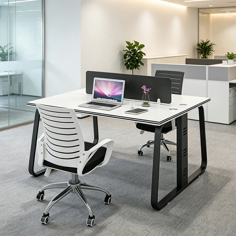 LIVARA 120cm 2 Person Office Workstation with Privacy Divider, Carbon Steel Frame, Cable Management & 2 Adjustable Chairs - White & Black