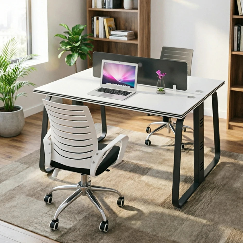 LIVARA 120cm 2 Person Office Workstation with Privacy Divider, Carbon Steel Frame, Cable Management & 2 Adjustable Chairs - White & Black
