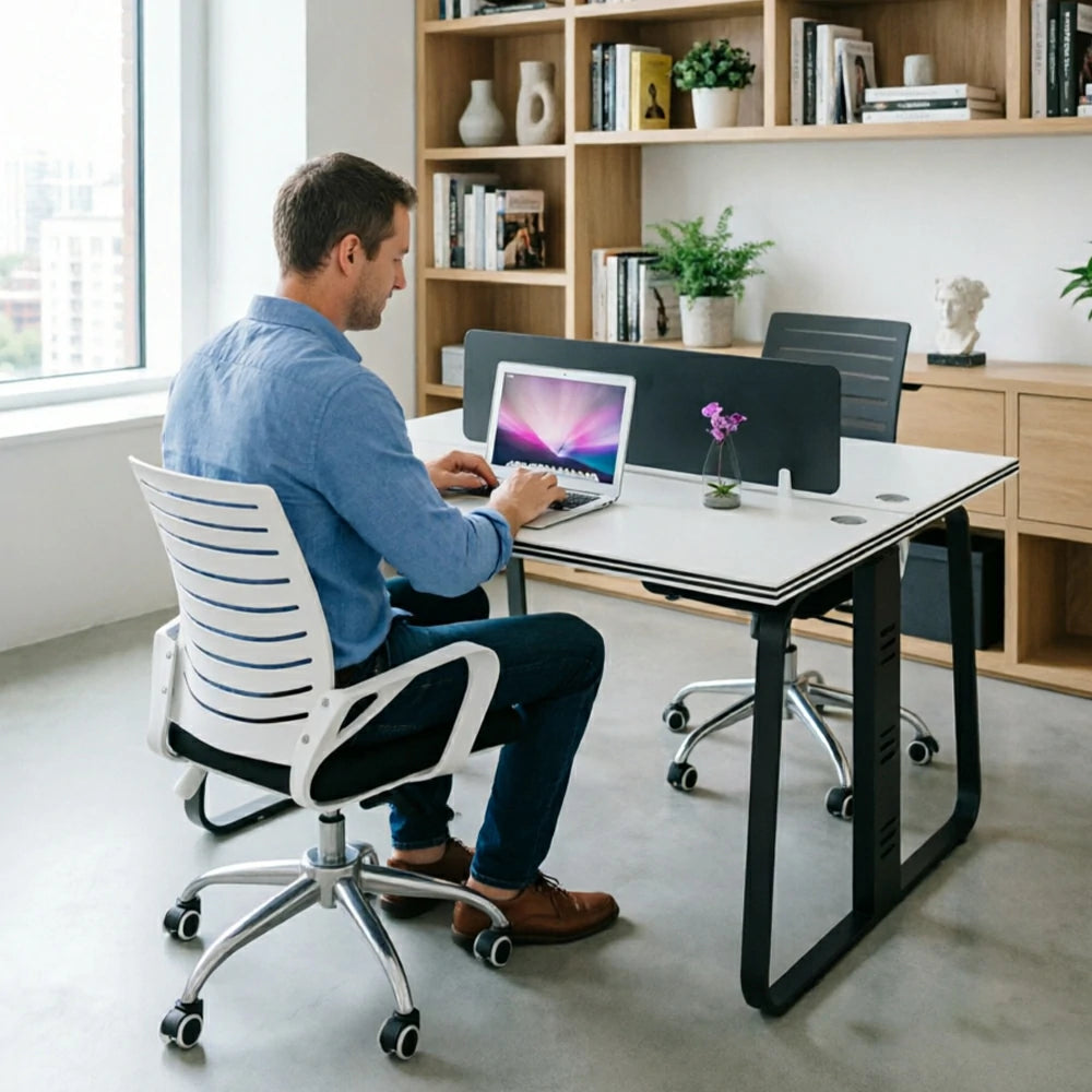 LIVARA 120cm 2 Person Office Workstation with Privacy Divider, Carbon Steel Frame, Cable Management & 2 Adjustable Chairs - White & Black