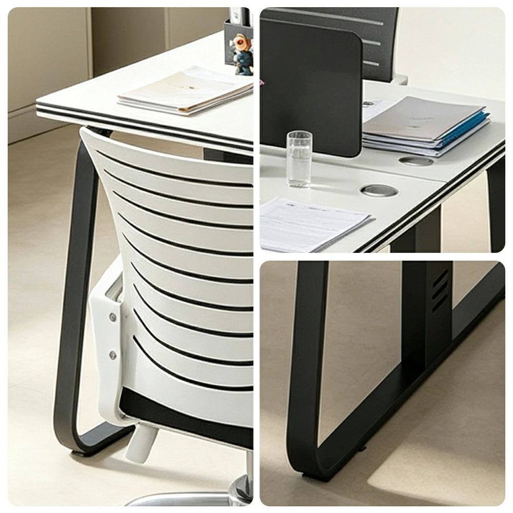 LIVARA 120cm 2 Person Office Workstation with Privacy Divider, Carbon Steel Frame, Cable Management & 2 Adjustable Chairs - White & Black