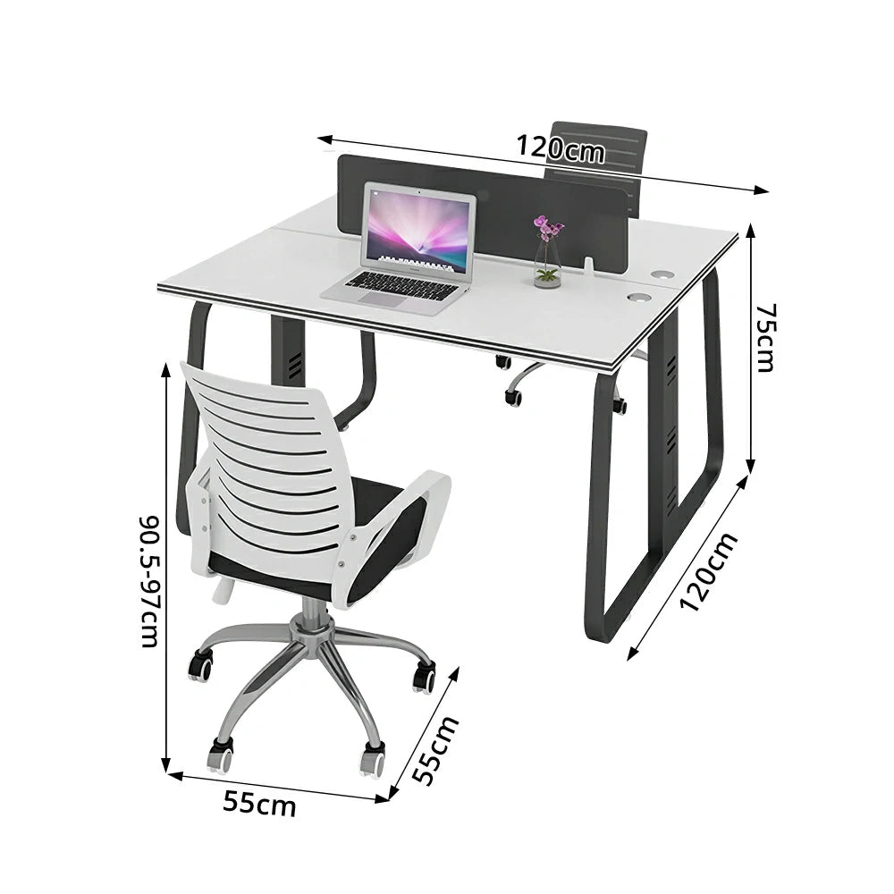LIVARA 120cm 2 Person Office Workstation with Privacy Divider, Carbon Steel Frame, Cable Management & 2 Adjustable Chairs - White & Black