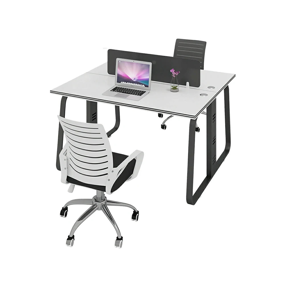 LIVARA 120cm 2 Person Office Workstation with Privacy Divider, Carbon Steel Frame, Cable Management & 2 Adjustable Chairs - White & Black