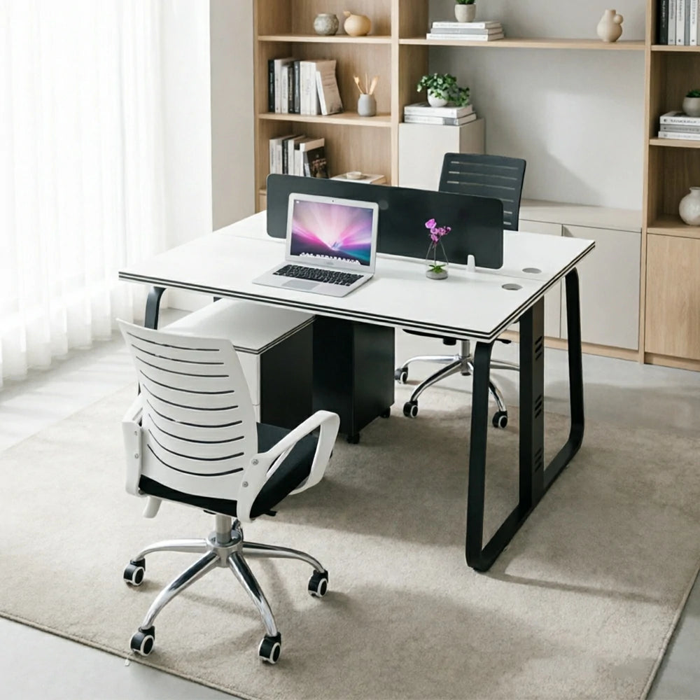 LIVARA 120cm 2 Person Office Workstation with Privacy Divider, Cable Management, 2 Adjustable Chairs & 2 Lockable Mobile Cabinets - White & Black
