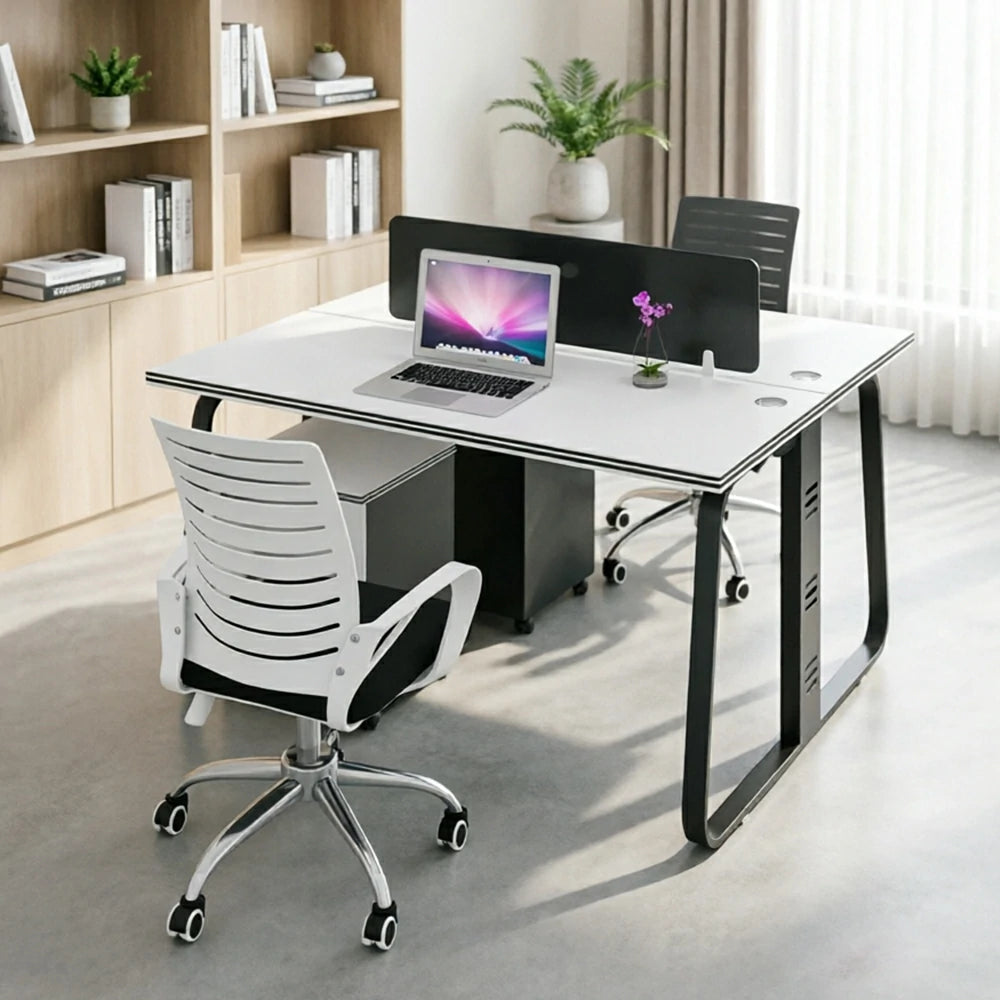 LIVARA 120cm 2 Person Office Workstation with Privacy Divider, Cable Management, 2 Adjustable Chairs & 2 Lockable Mobile Cabinets - White & Black