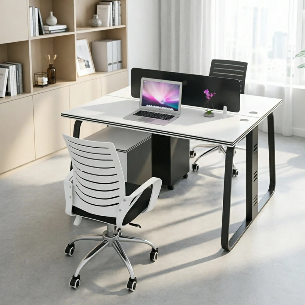 LIVARA 120cm 2 Person Office Workstation with Privacy Divider, Cable Management, 2 Adjustable Chairs & 2 Lockable Mobile Cabinets - White & Black