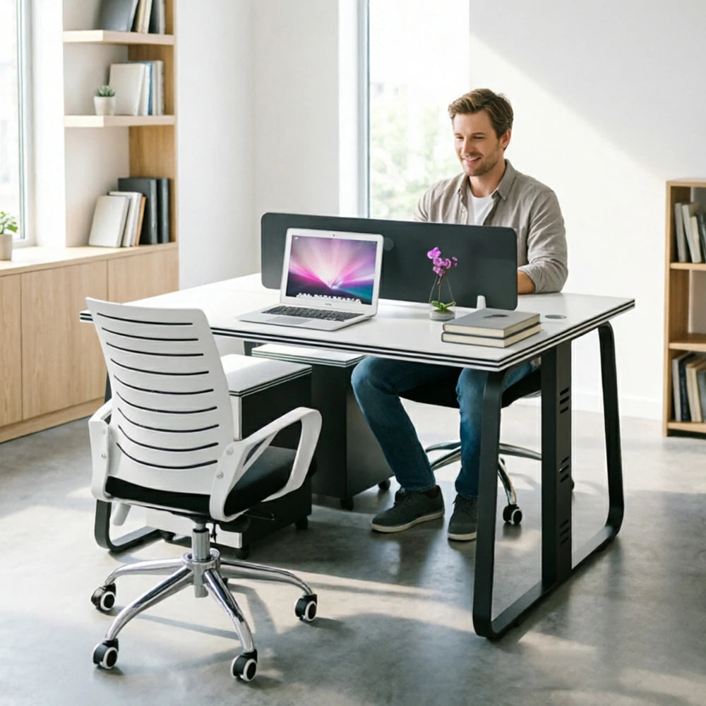 LIVARA 120cm 2 Person Office Workstation with Privacy Divider, Cable Management, 2 Adjustable Chairs & 2 Lockable Mobile Cabinets - White & Black