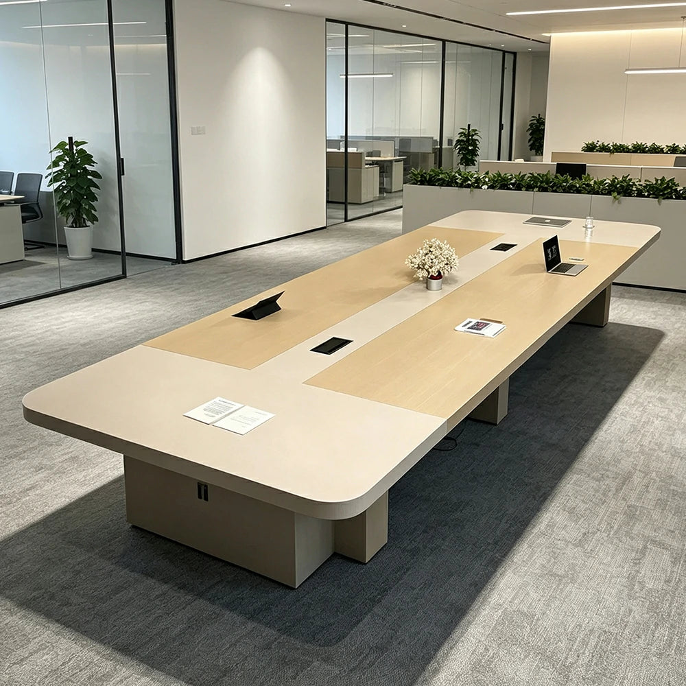 LIVARA 240/300cm Large Conference Table, Two Tone 50mm Thick Desktop, Cable Management Box & Under Table Storage - Light Wood & Beige