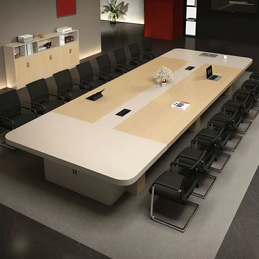 LIVARA 240/300cm Large Conference Table, Two Tone 50mm Thick Desktop, Cable Management Box & Under Table Storage - Light Wood & Beige