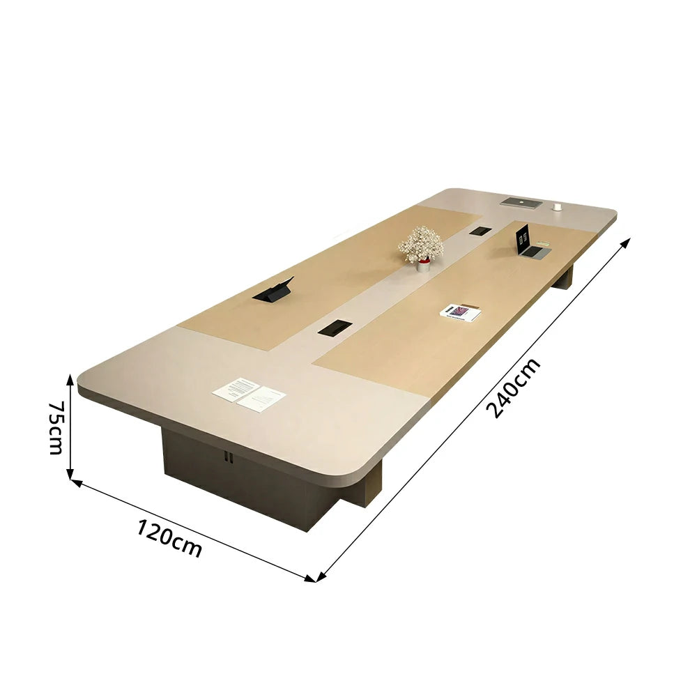 LIVARA 240/300cm Large Conference Table, Two Tone 50mm Thick Desktop, Cable Management Box & Under Table Storage - Light Wood & Beige