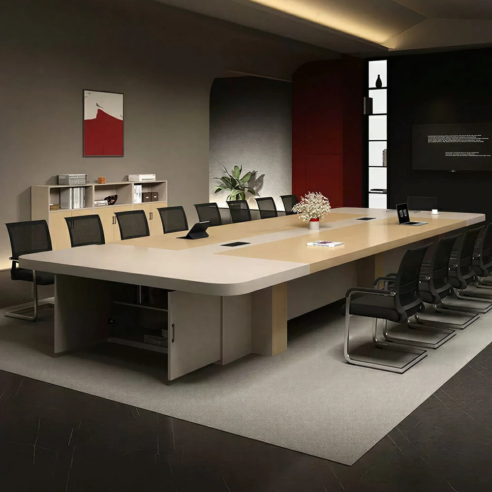 LIVARA 240/300cm Large Conference Table, Two Tone 50mm Thick Desktop, Cable Management Box & Under Table Storage - Light Wood & Beige