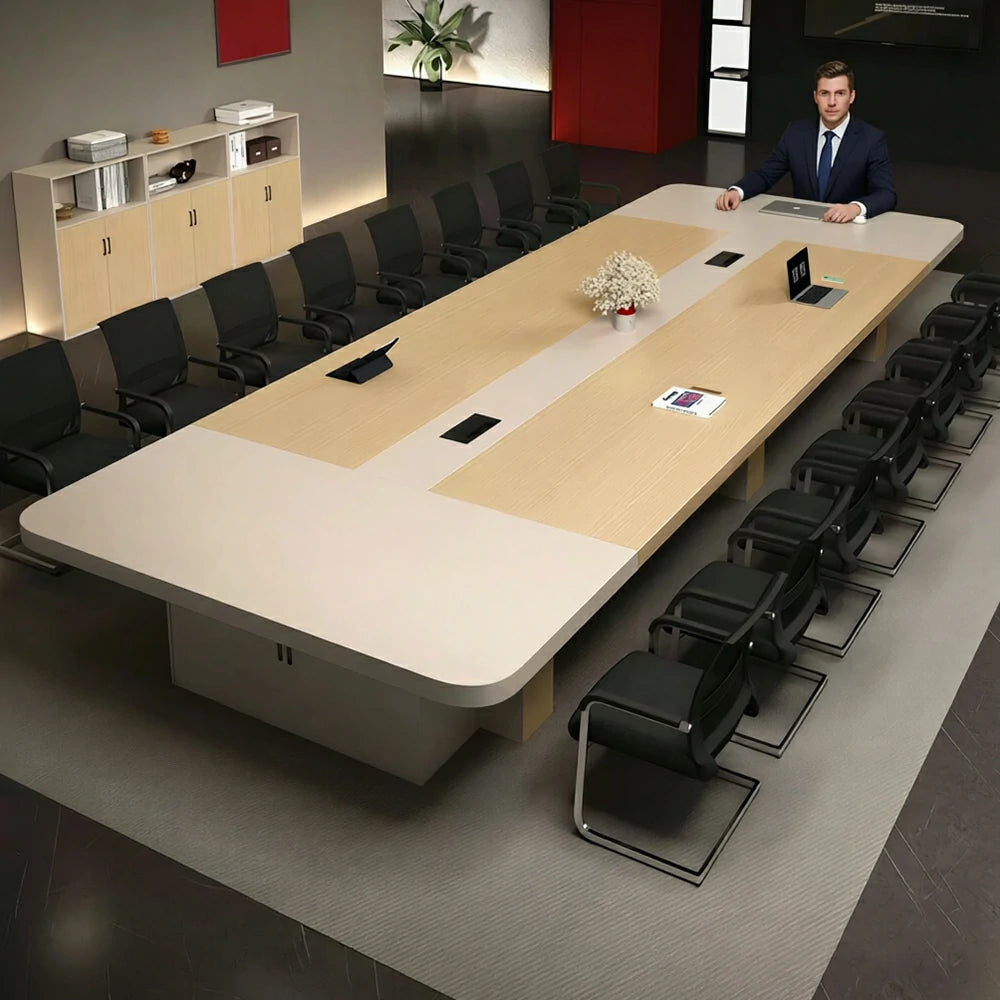 LIVARA 240/300cm Large Conference Table, Two Tone 50mm Thick Desktop, Cable Management Box & Under Table Storage - Light Wood & Beige
