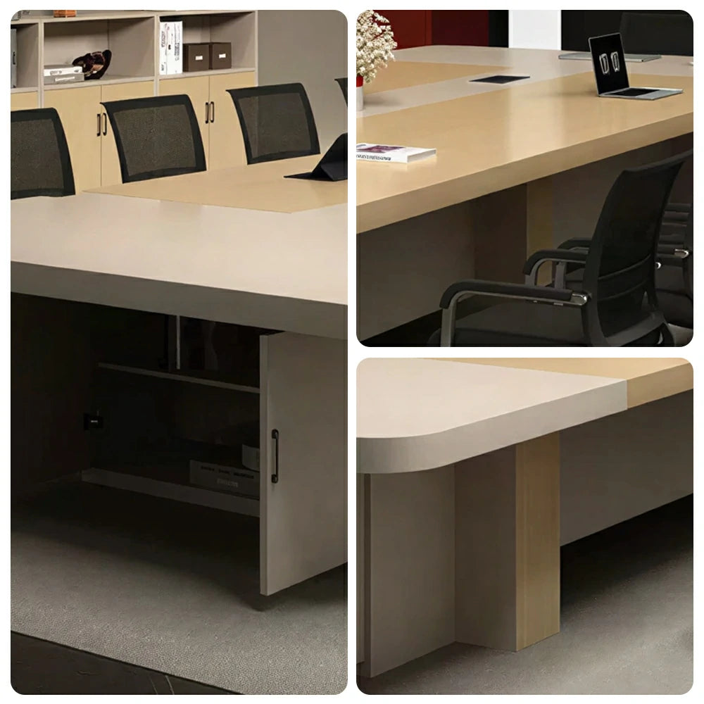LIVARA 240/300cm Large Conference Table, Two Tone 50mm Thick Desktop, Cable Management Box & Under Table Storage - Light Wood & Beige