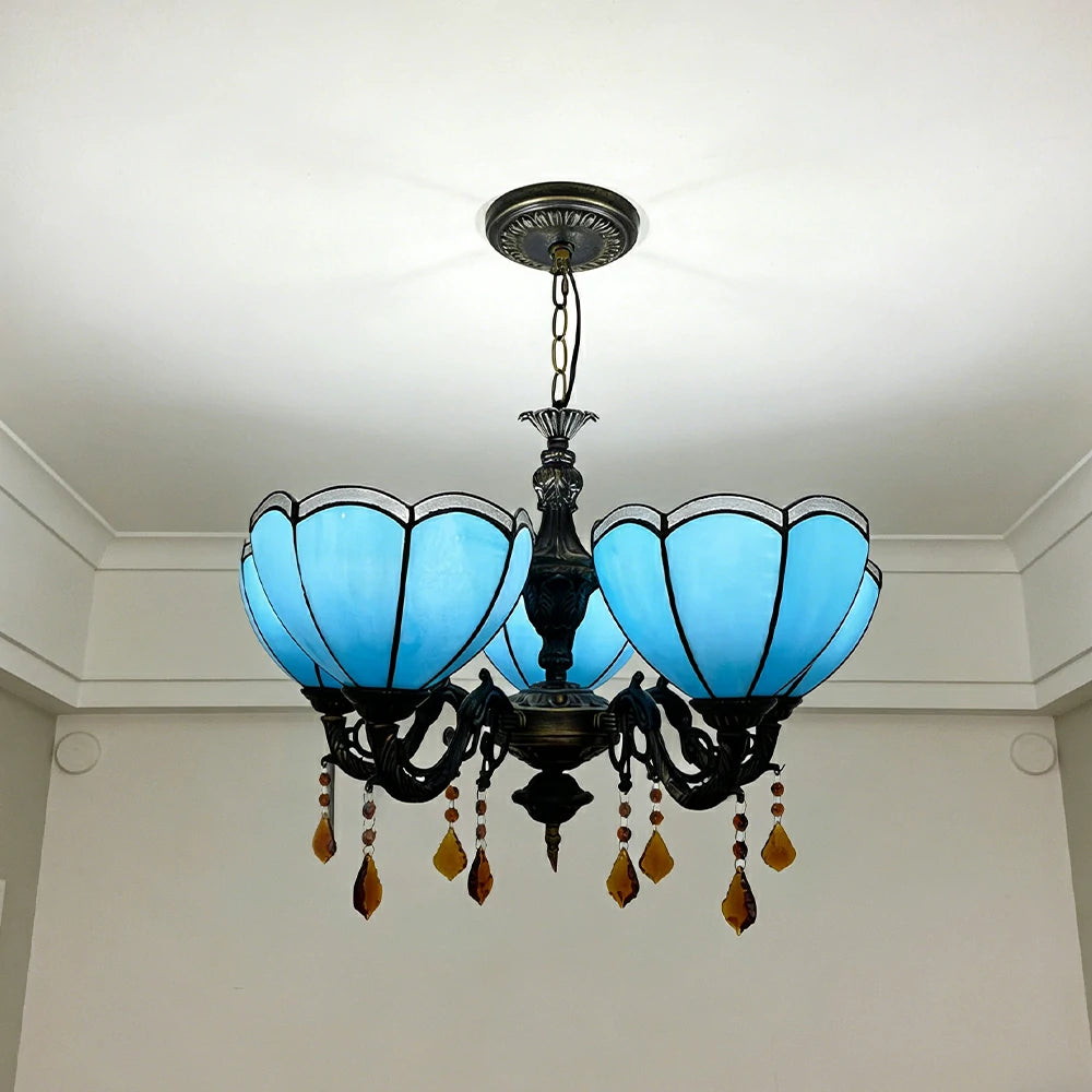 LIVARA Vintage European Stained Glass Chandelier Artistic Pendant Light 63x80cm Pattern Design for Dining Room Living Space - Blue