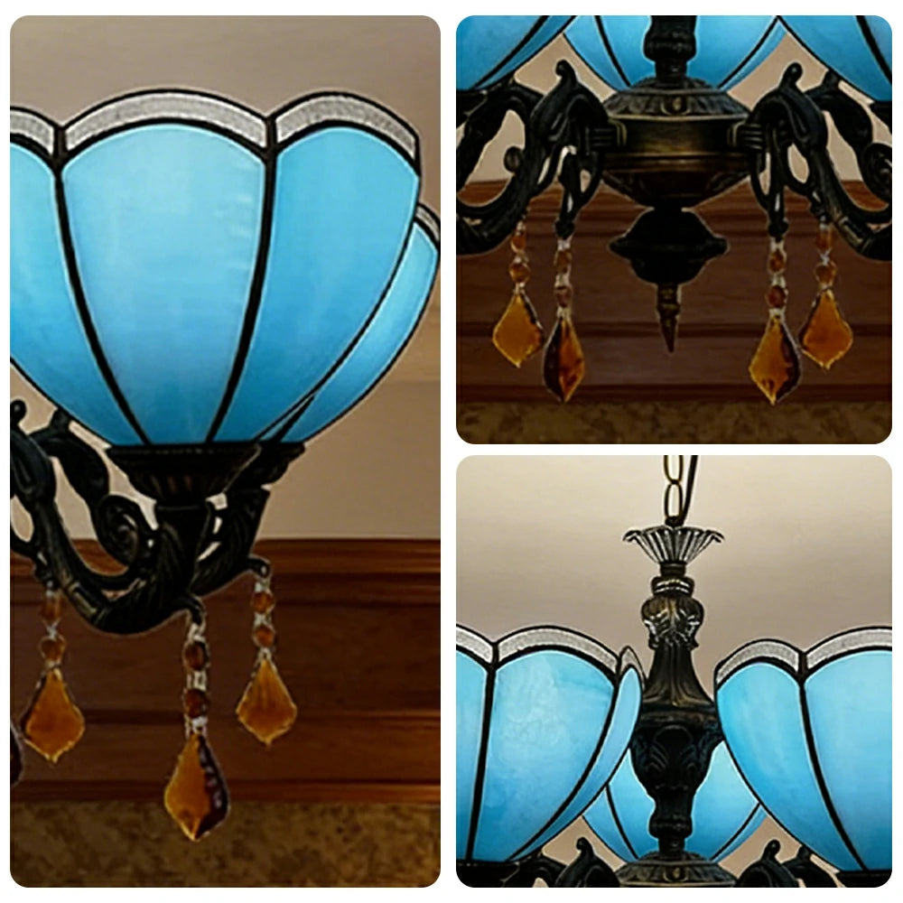 LIVARA Vintage European Stained Glass Chandelier Artistic Pendant Light 63x80cm Pattern Design for Dining Room Living Space - Blue