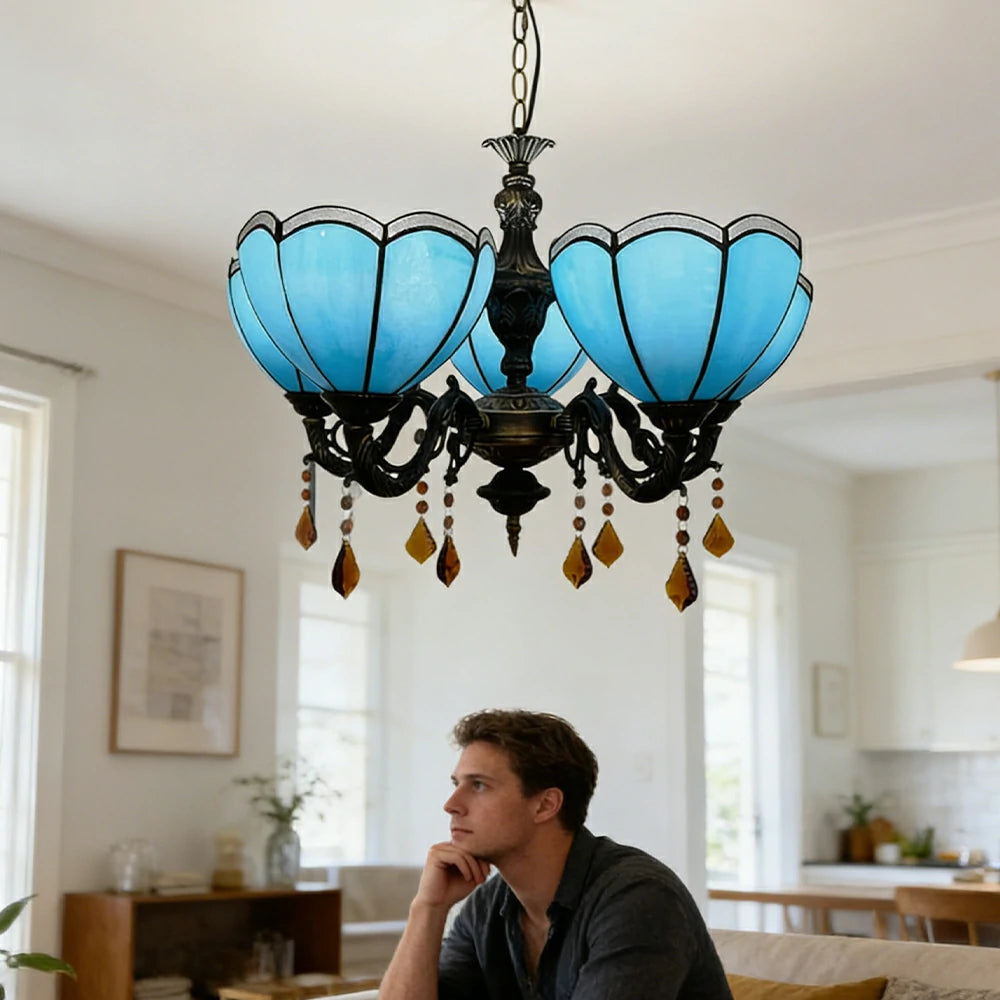 LIVARA Vintage European Stained Glass Chandelier Artistic Pendant Light 63x80cm Pattern Design for Dining Room Living Space - Blue