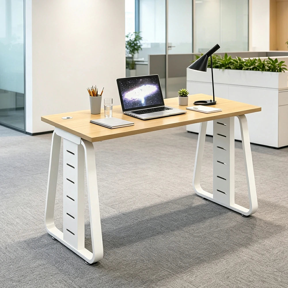 LIVARA 120cm Single Person Office Desk, Upgraded Steel Frame, Hidden Cable Management, Socket Ready & Adjustable Feet - Light Wood & White