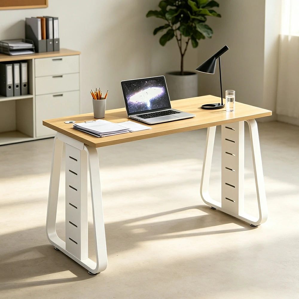 LIVARA 120cm Single Person Office Desk, Upgraded Steel Frame, Hidden Cable Management, Socket Ready & Adjustable Feet - Light Wood & White
