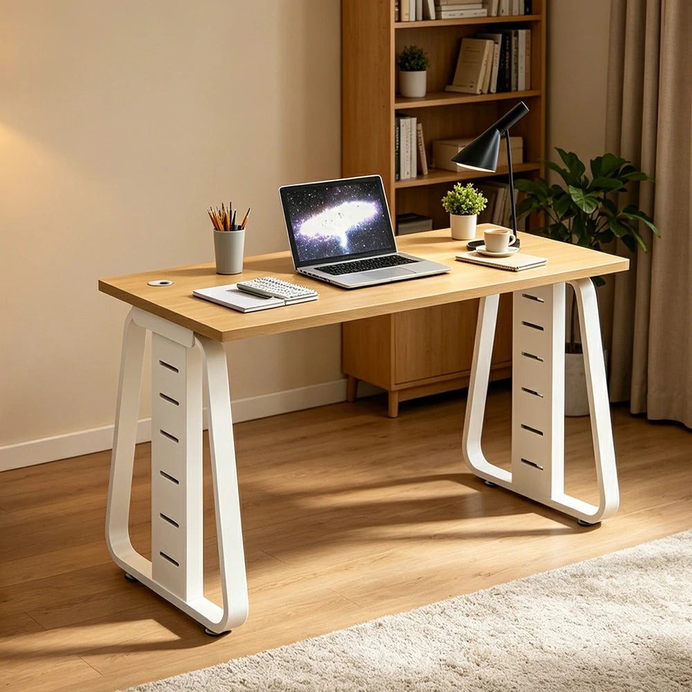 LIVARA 120cm Single Person Office Desk, Upgraded Steel Frame, Hidden Cable Management, Socket Ready & Adjustable Feet - Light Wood & White
