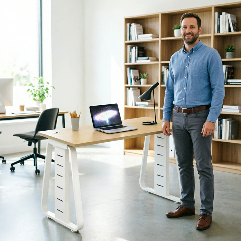 LIVARA 120cm Single Person Office Desk, Upgraded Steel Frame, Hidden Cable Management, Socket Ready & Adjustable Feet - Light Wood & White