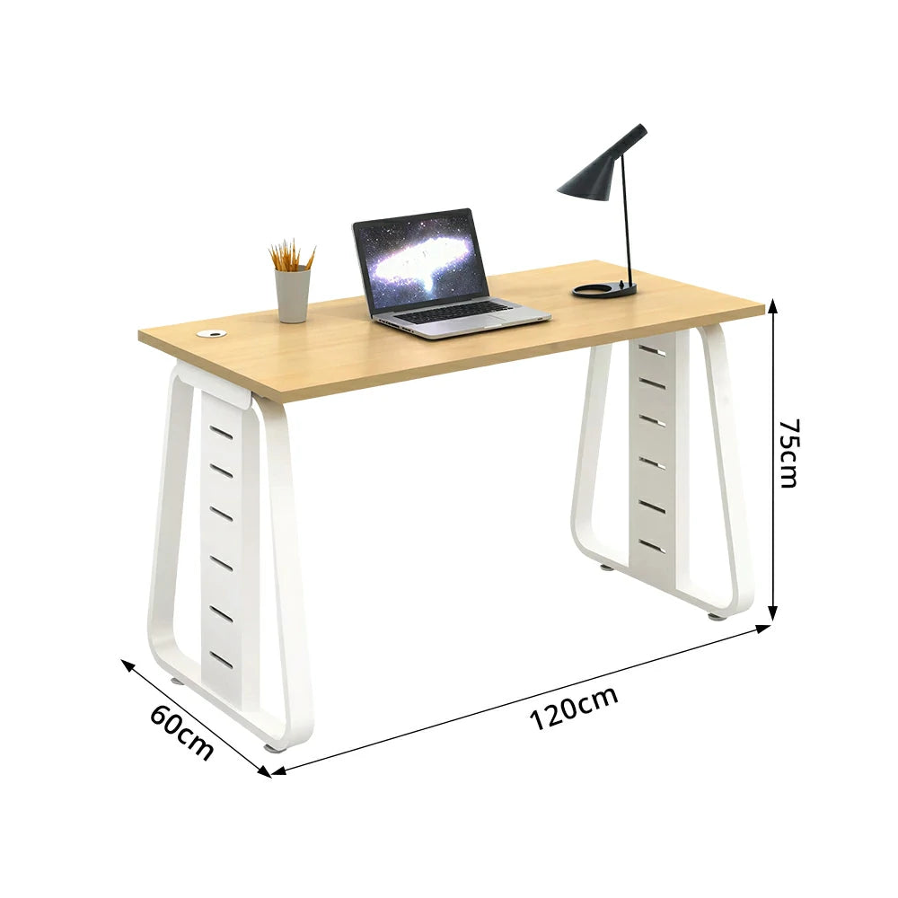 LIVARA 120cm Single Person Office Desk, Upgraded Steel Frame, Hidden Cable Management, Socket Ready & Adjustable Feet - Light Wood & White