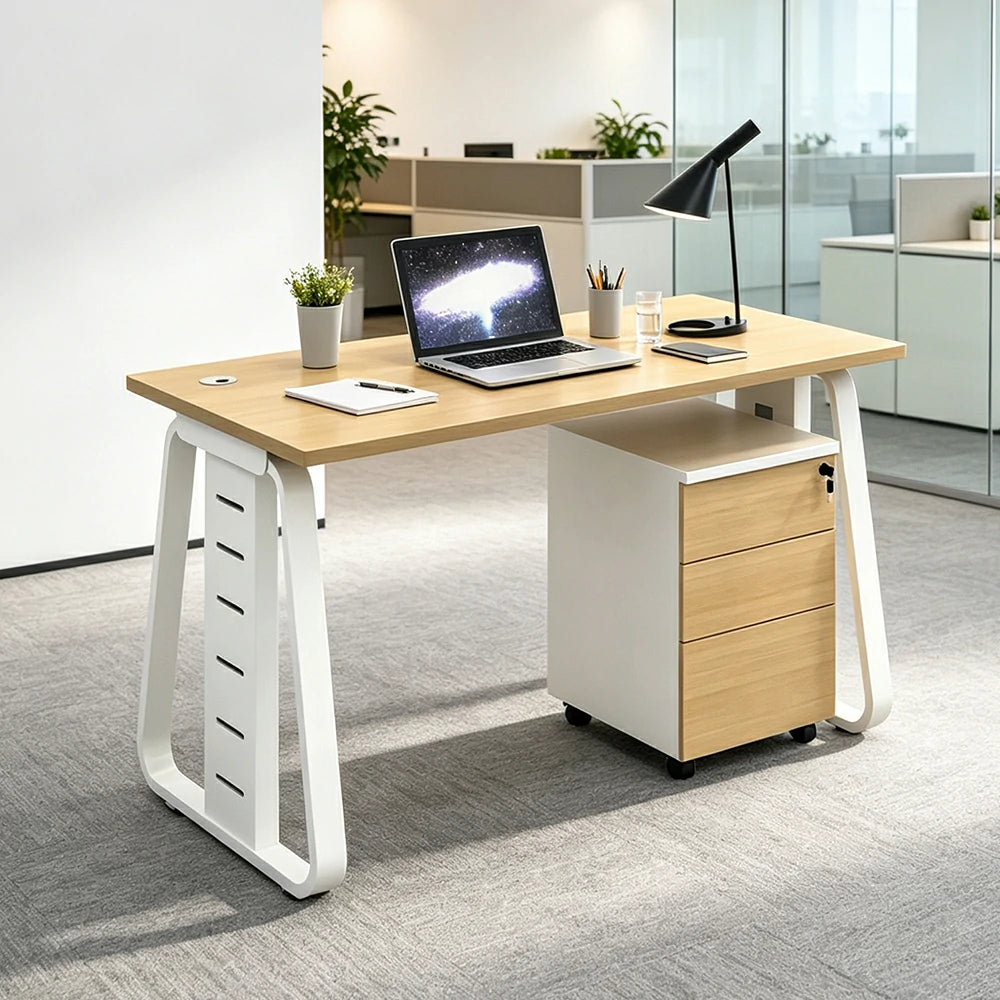 LIVARA 120cm Single Person Office Desk with Hidden Cable Management, Socket Ready, Adjustable Feet & Lockable Mobile Cabinet - Light Wood & White